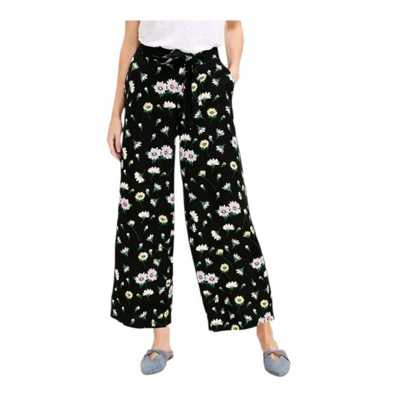 Ann Taylor LOFT Linen Blend Black Floral Wide Leg Crop Pants L Petite NEW - Picture 5 of 9
